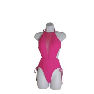Al'mage Women's Hot Pink One Piece Swimsuit Mesh Halter Drawstring.…